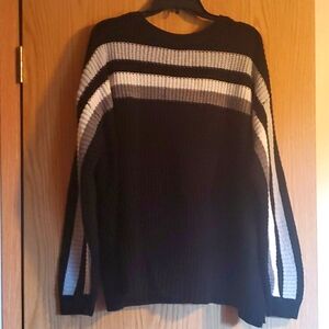 Terra & Sky Knit Pull Over Sweater w/ Horizontal Stripes; Black, Grey, White; 2X